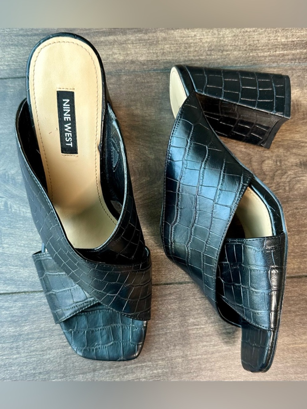 Nine West Gigi 3 Black Croc Embossed Block Heel Sandals Mules - Women’s Size 8.5